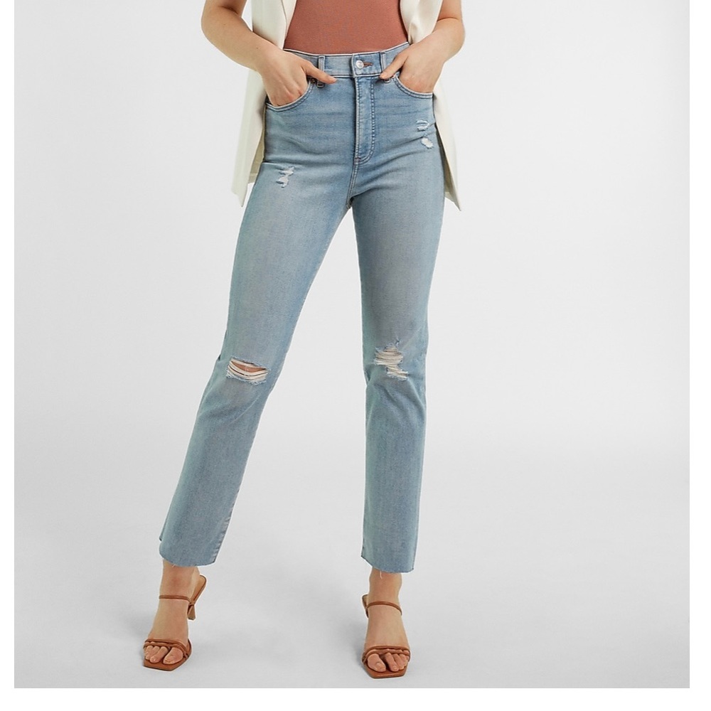 Express | Super High Waisted Supersoft Ripped Raw Hem Slim Jeans